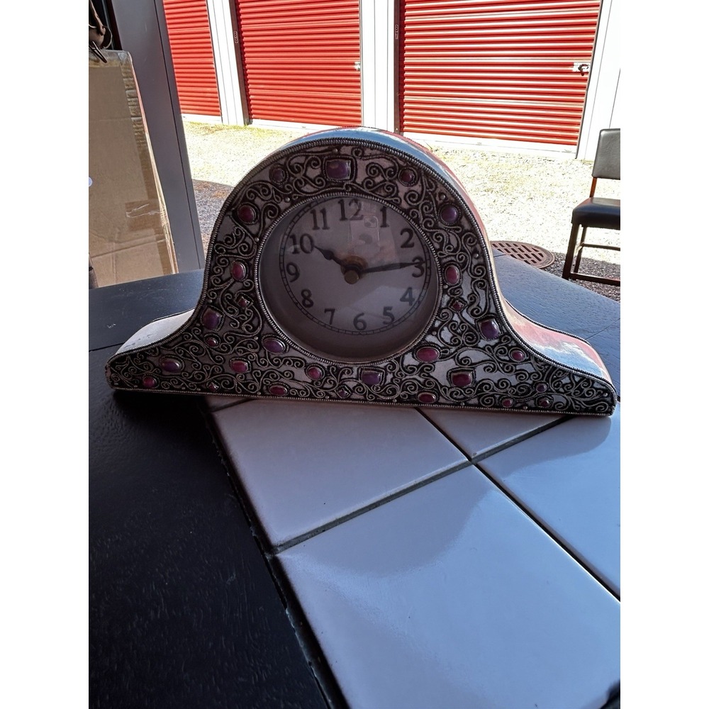 Vintage Jeweled Mantel Clock Silver Tone Purple Stones Ornate Filigree 13"